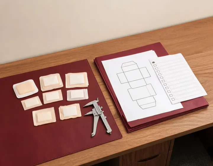 Procurement specialist reviewing wound dressing material, dimensions and package notes